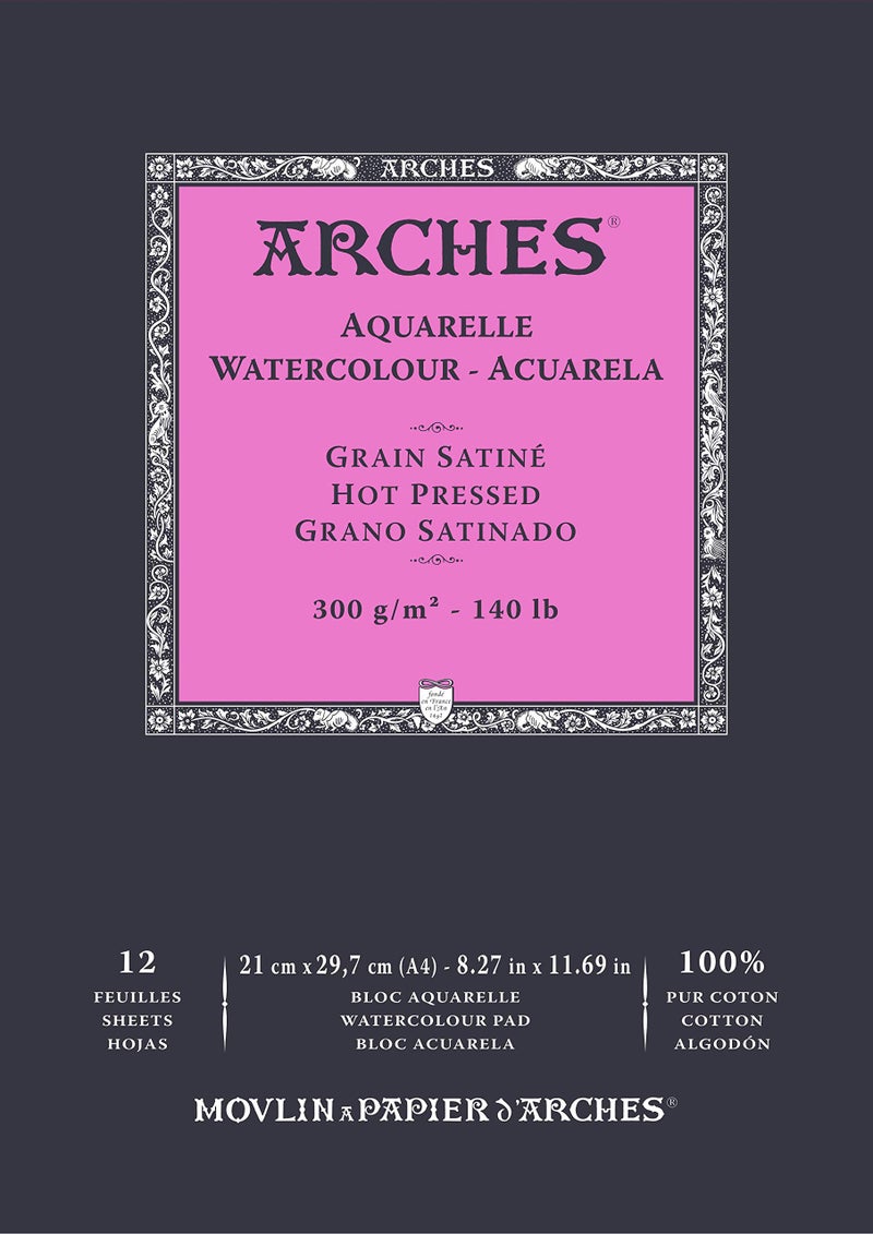 Arches A1795096 Bloc Enc 21x29,7 12H Aquarelle 100% Satin 300g Blanc NAT, White Natural